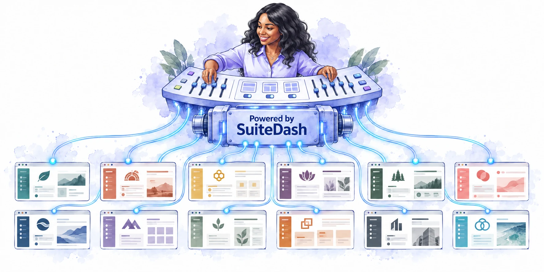 An agency specialist customizes twelve client platforms with distinct branding and layouts, all powered by SuiteDash.