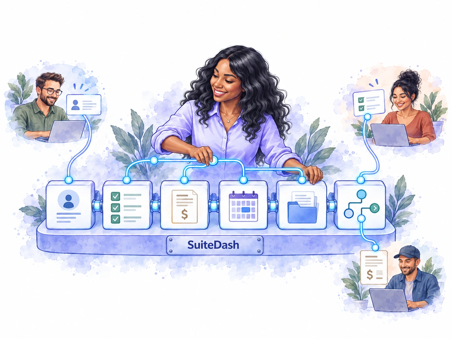 CRM, projects, billing, scheduling, files and automation connect on one SuiteDash foundation while the specialist configures the workflow.