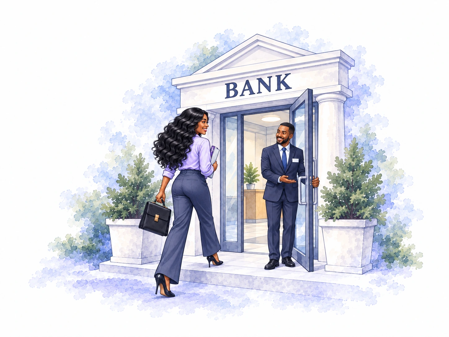 The smiling SU1TE agency specialist steps up into the bank doorway as a banker welcomes her inside.
