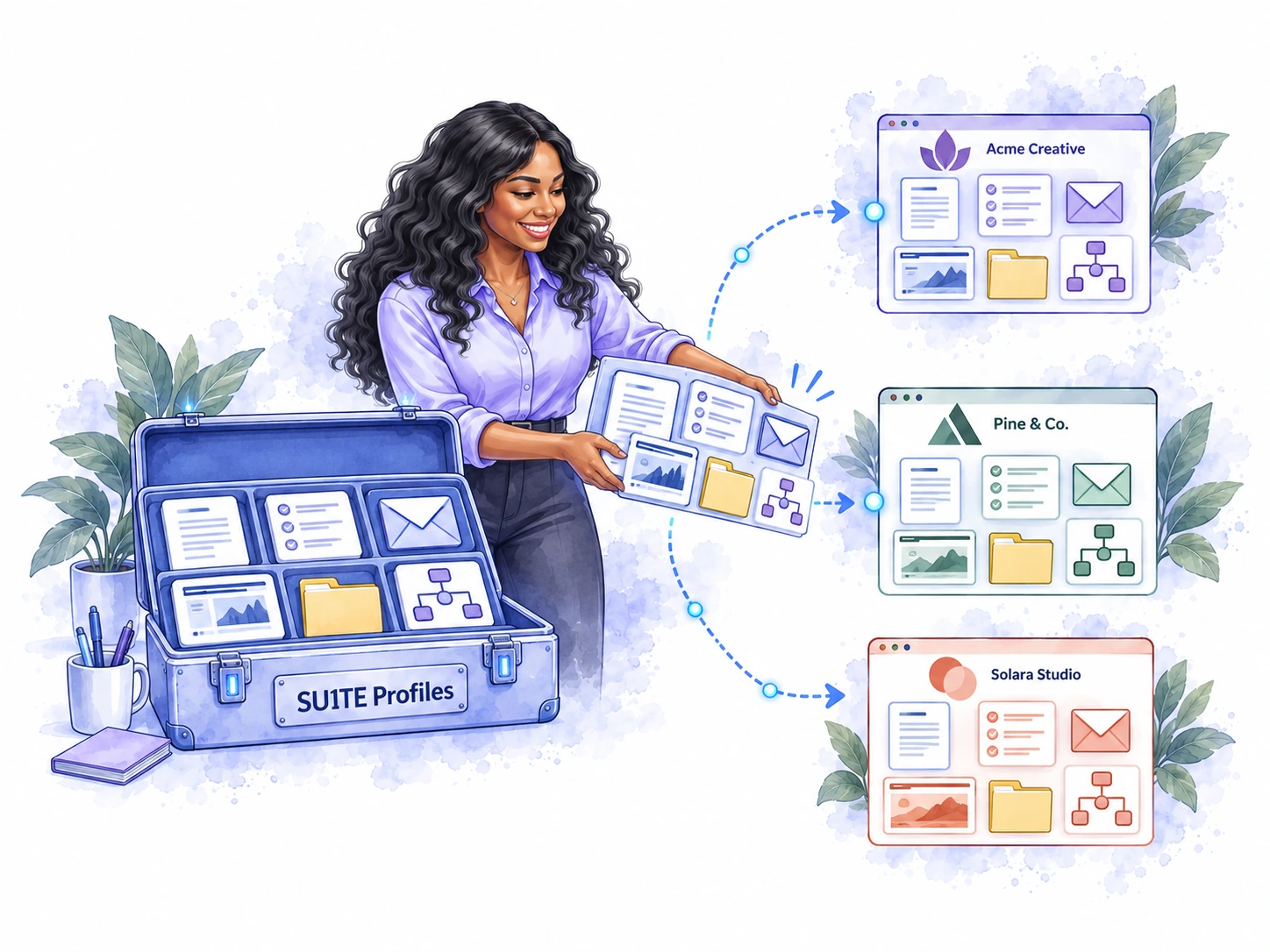 A reusable SU1TE Profiles kit supplies templates, forms, pages and other prepared assets to three differently branded client accounts.